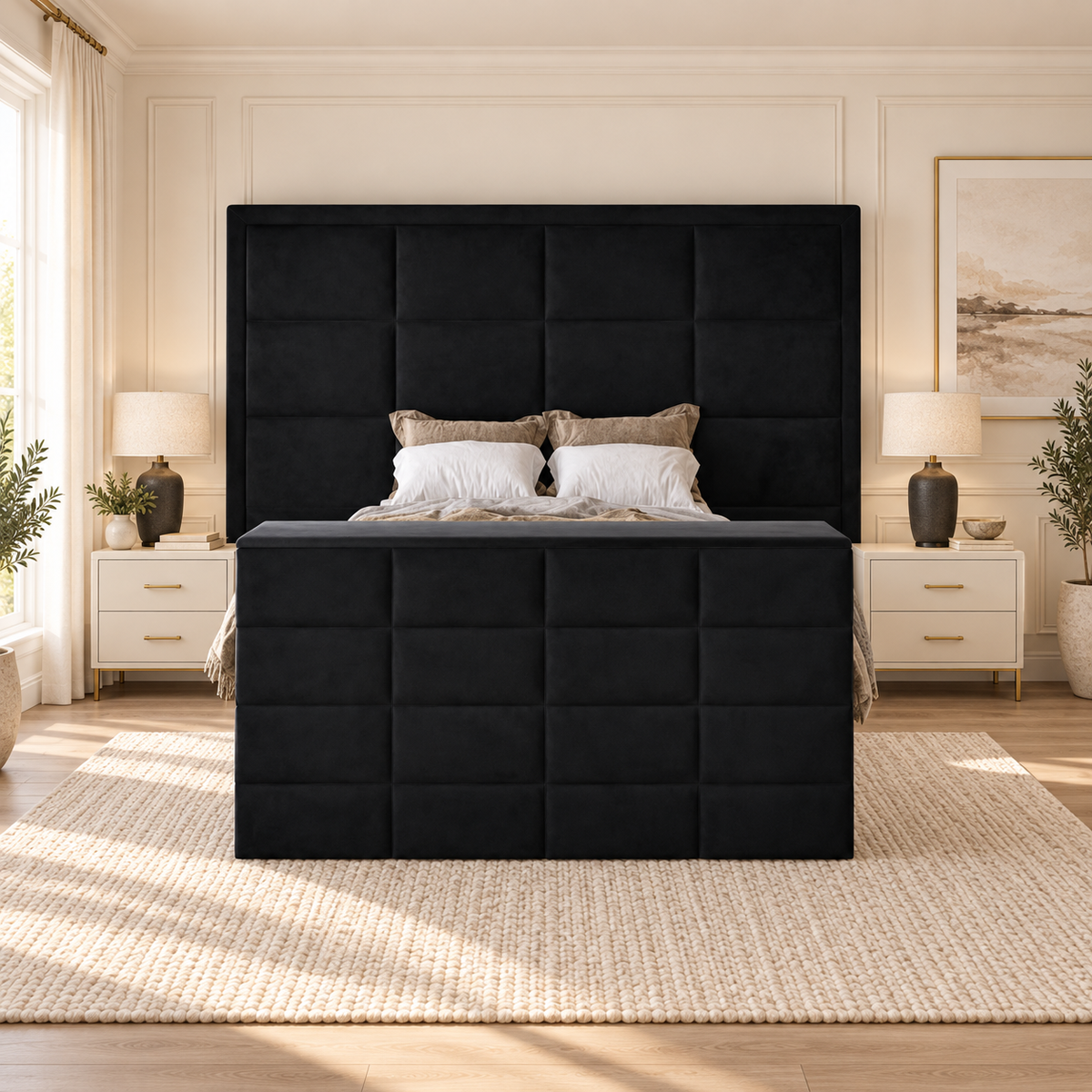 Emperor TV Bed Frame in a warm neutral bedroom, front closed
