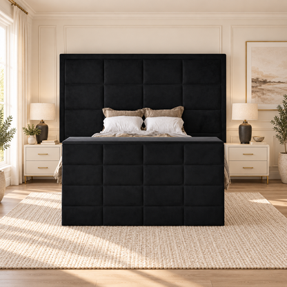 Emperor TV Bed Frame in a warm neutral bedroom, front closed