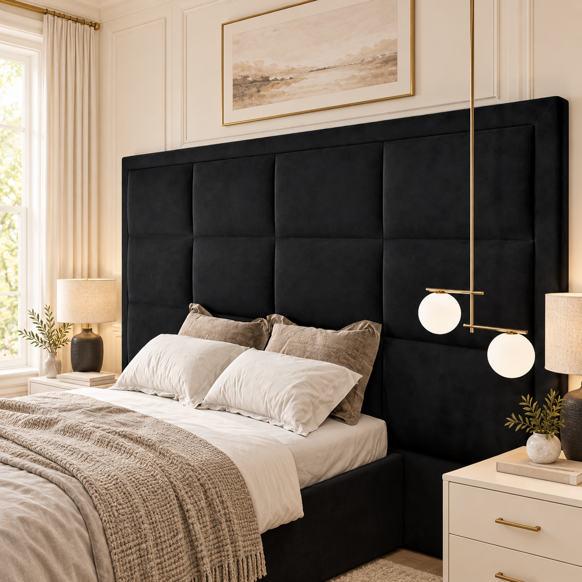 Emperor TV Bed Frame in a warm neutral bedroom, headboard detail