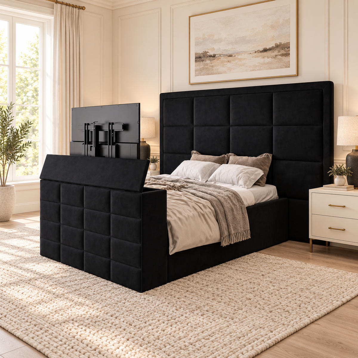 Emperor TV Bed Frame in a warm neutral bedroom, showing the original bed design