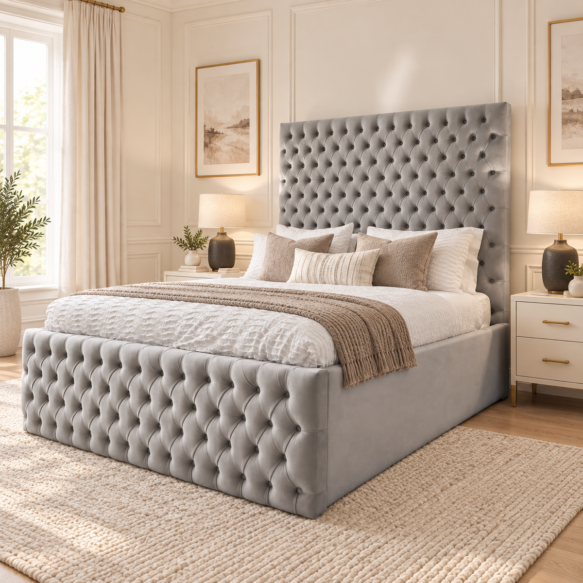 Florence Bed Frame in a warm neutral bedroom showing the headboard, footboard and side rails
