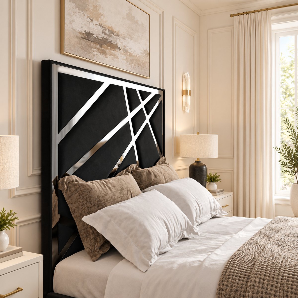 Forsman Electric TV Bed Frame in a warm neutral bedroom, headboard detail
