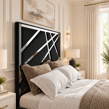 Forsman Electric TV Bed Frame in a warm neutral bedroom, headboard detail