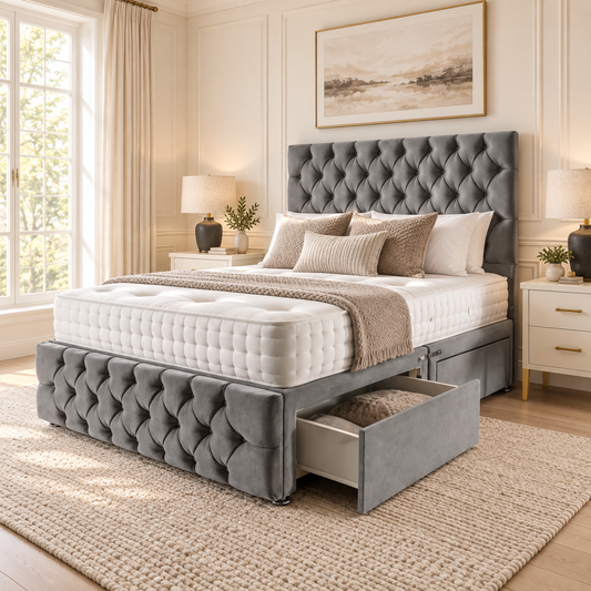 Ibex Plus Divan Bed Frame in a warm neutral bedroom, showing its upholstered headboard and base