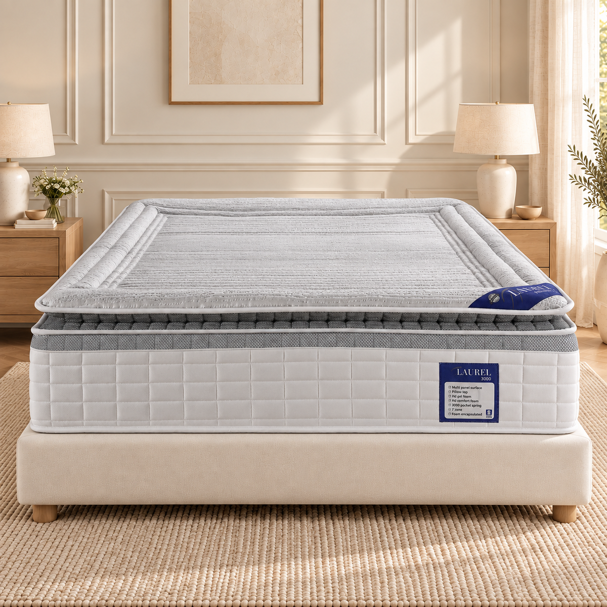 Laurel 3000 Pocket Sprung Memory Gel Pillow Top Mattress - Medium Firm In A Warm Neutral Bedroom