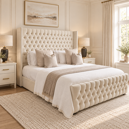 Polly Wing Buttoned Bed Frame in a warm neutral bedroom, left high