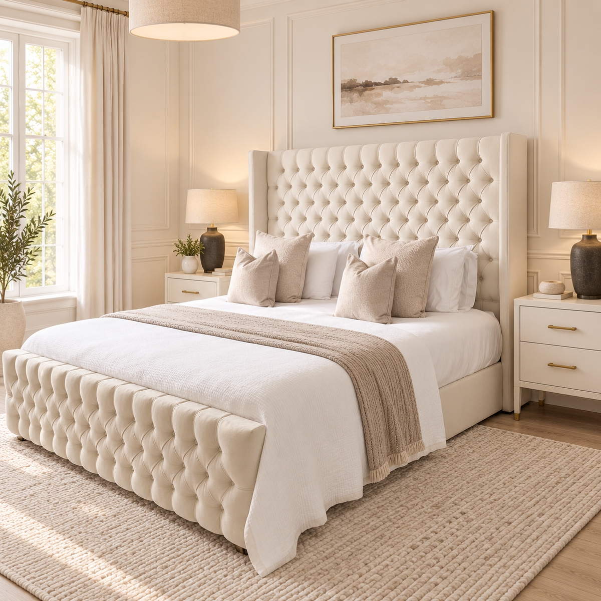 Polly Wing Buttoned Bed Frame in a warm neutral bedroom, right angle