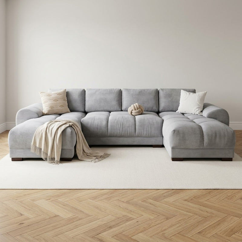 Azzuro Grey U Shape Corner Sofa - Full Back Plush Velvet - 330cm Large Sectional