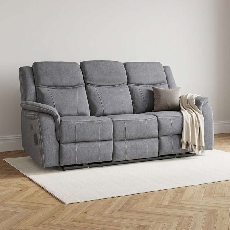 Galaxy Tech Recliner Fabric 3 Seater - Grey With Cupholders & Charging