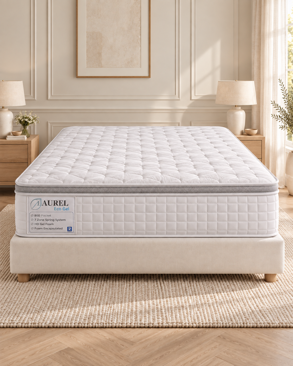 Laurel Eco Gel - Medium displayed on an ivory base in a warm neutral bedroom