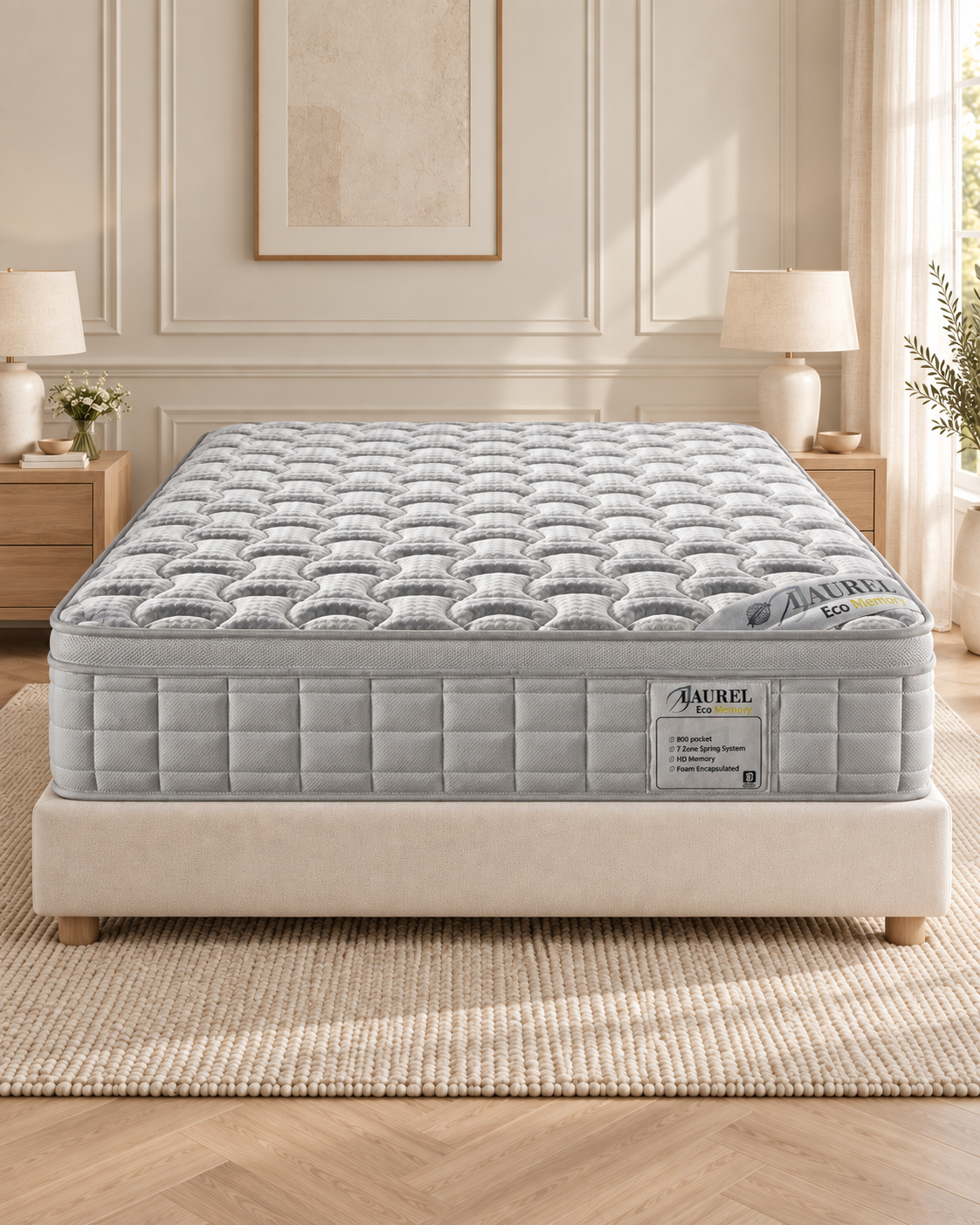 Laurel Eco Memory - Medium displayed on an ivory base in a warm neutral bedroom