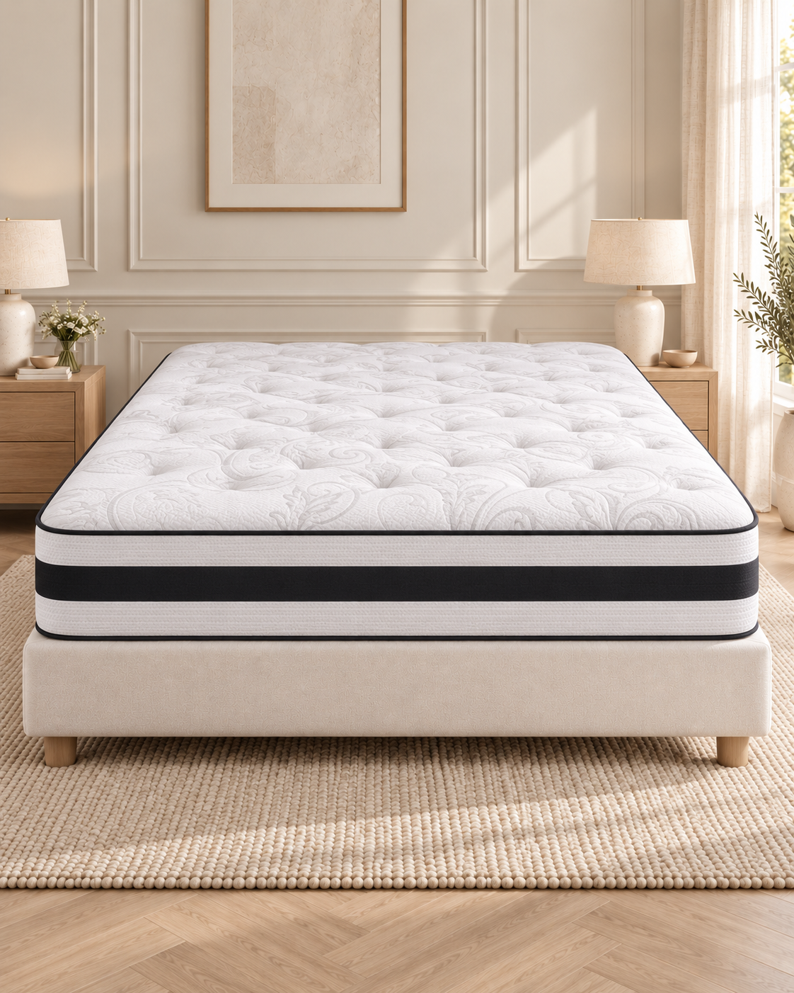 Walker & Slater Orthopaedic Mattress - Very Firm displayed on an ivory base in a warm neutral bedroom