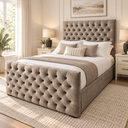 Monaco Royal Bed Frame in a warm neutral bedroom showing the headboard, footboard and side rails