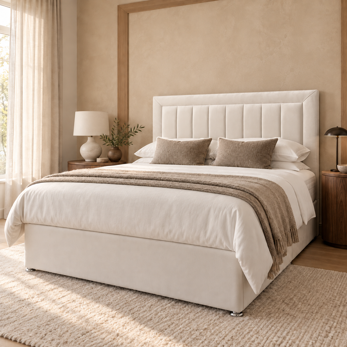 Montclair Divan Bed Frame, ivory upholstery and framed vertical-channel headboard, styled bedroom view. AI-generated product illustration.