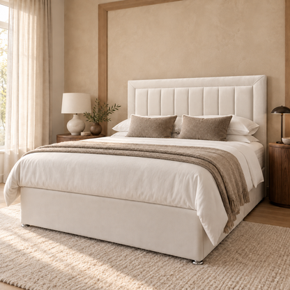 Montclair Divan Bed Frame, ivory upholstery and framed vertical-channel headboard, styled bedroom view. AI-generated product illustration.