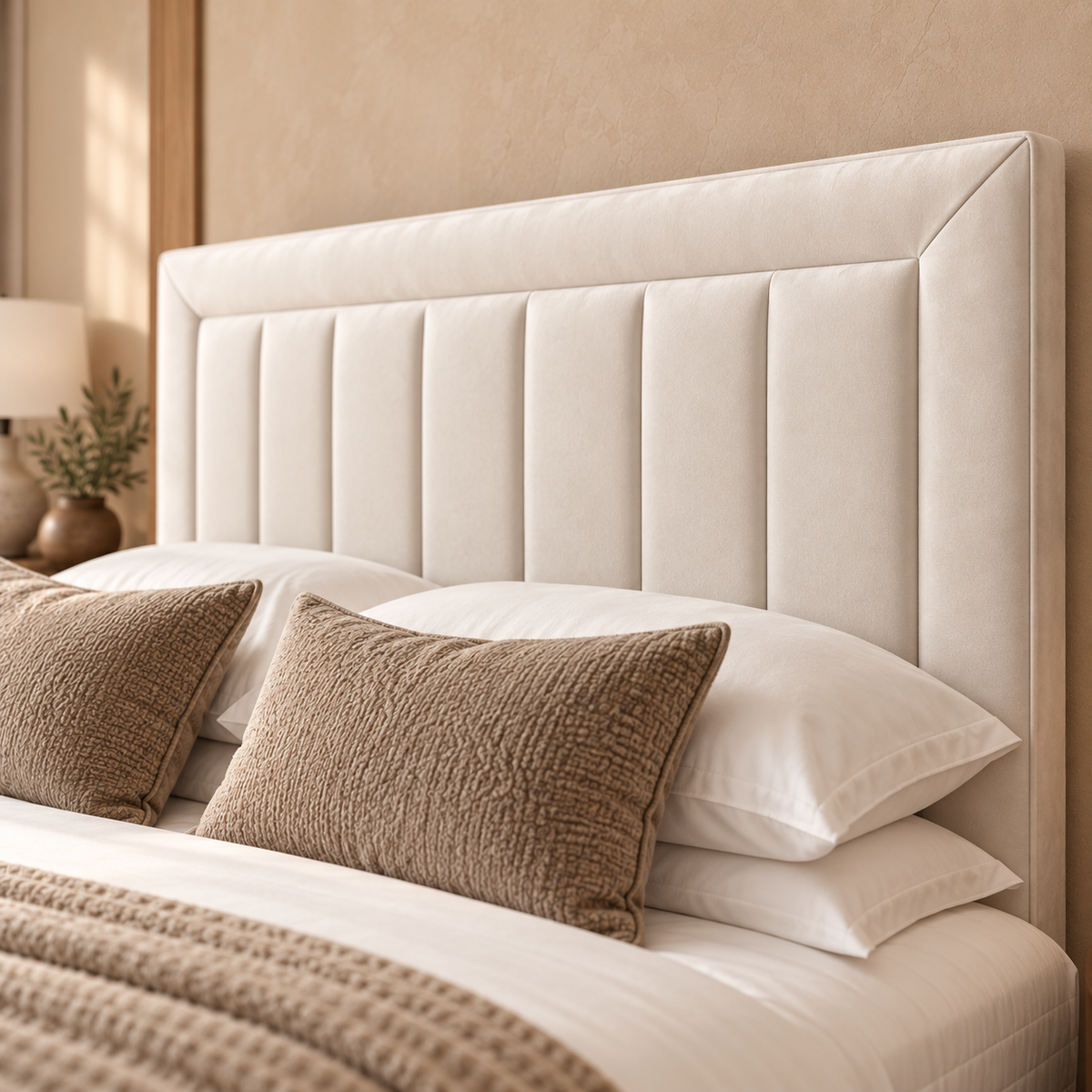 Montclair Divan Bed Frame, ivory upholstery and framed vertical-channel headboard, headboard upholstery close-up. AI-generated product illustration.