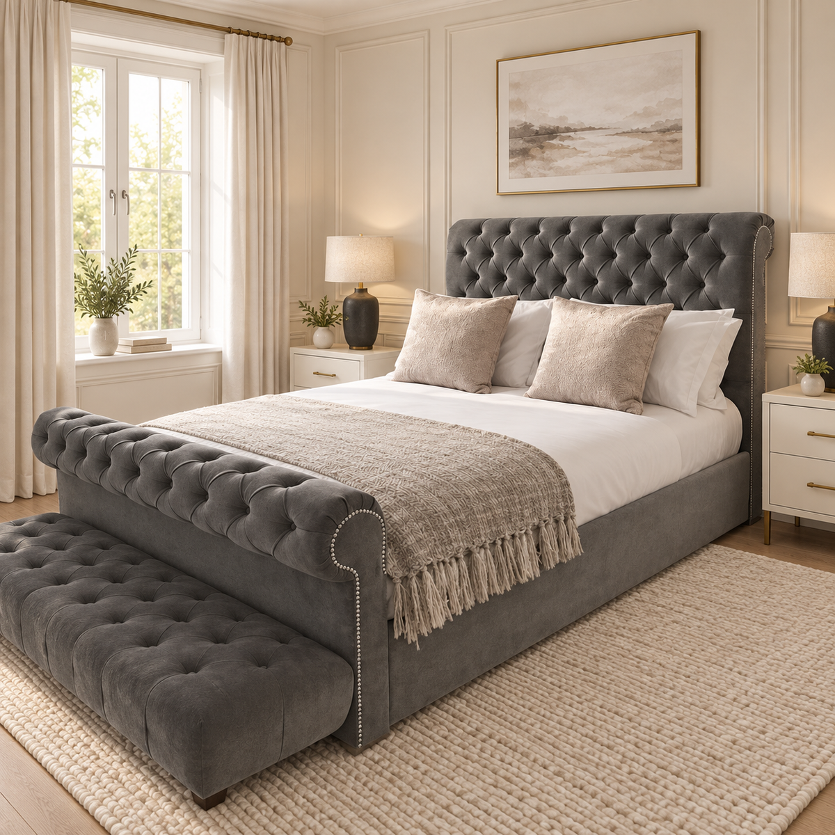 Park Lane Chesterfield Sleigh Bed Frame in a warm neutral bedroom showing the headboard, footboard and side rails
