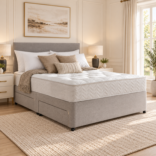 Plain Divan Bed Frame in a warm neutral bedroom, showing its upholstered headboard and base