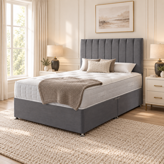 Sienna Divan Bed Frame in a warm neutral bedroom, showing the original upholstery and bed design