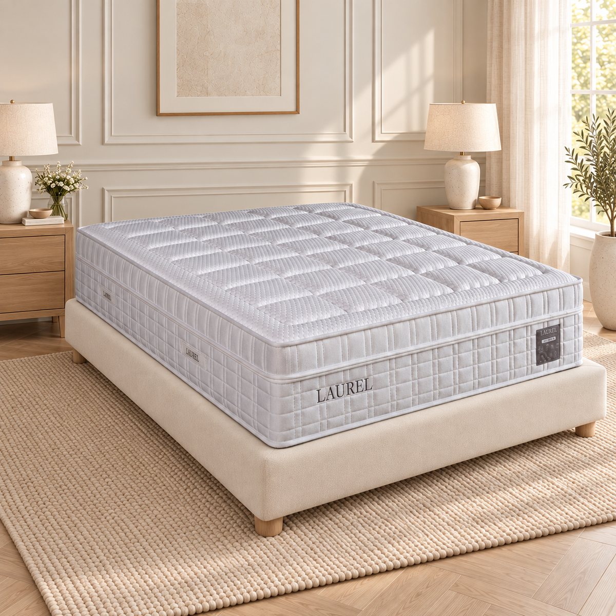 Laurel Tranquility 3000 Pocket Gel Mattress - Medium In A Warm Neutral Bedroom