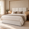 Valmere Divan Bed Frame, ivory upholstery and four-panel headboard, styled bedroom view. AI-generated product illustration.