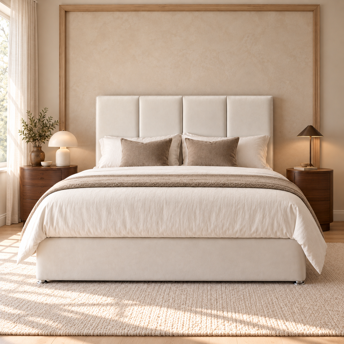 Valmere Divan Bed Frame, ivory upholstery and four-panel headboard, straight-on front view. AI-generated product illustration.