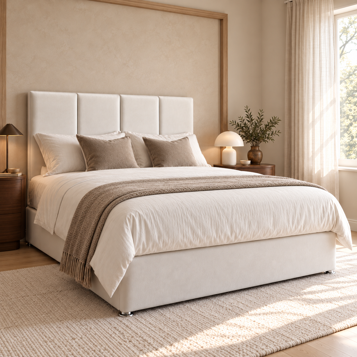 Valmere Divan Bed Frame, ivory upholstery and four-panel headboard, opposite three-quarter view. AI-generated product illustration.