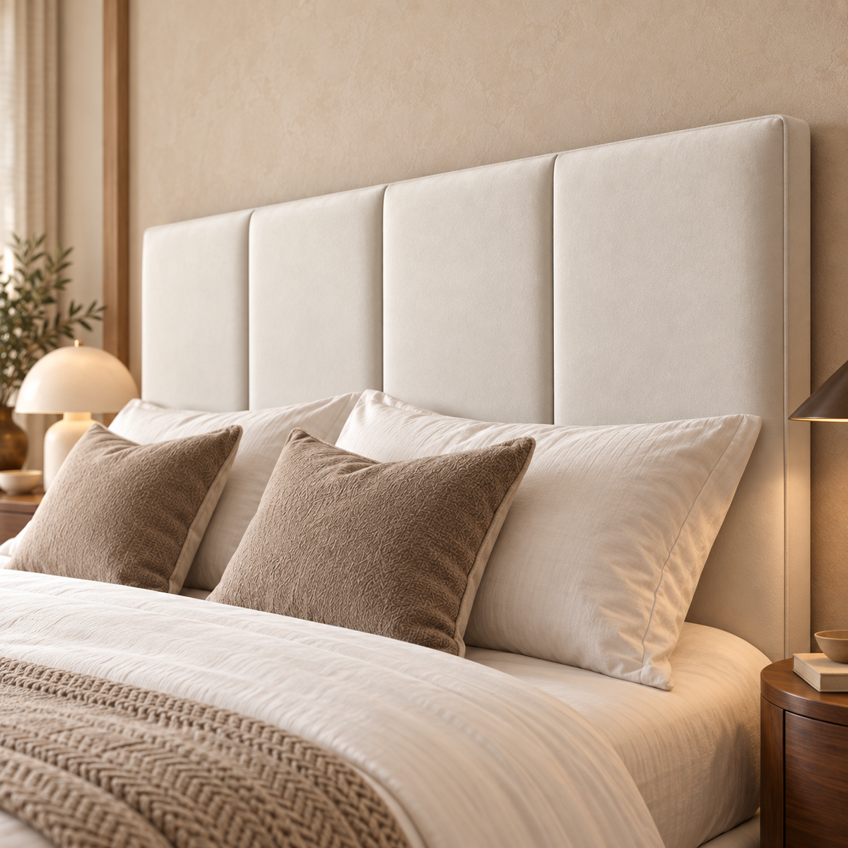 Valmere Divan Bed Frame, ivory upholstery and four-panel headboard, headboard upholstery close-up. AI-generated product illustration.