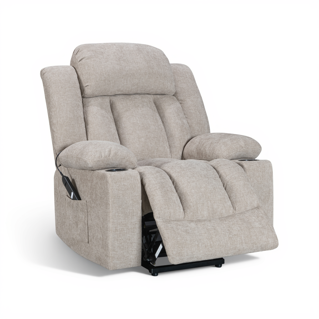 Vancouver beige electric riser recliner armchair – angled view