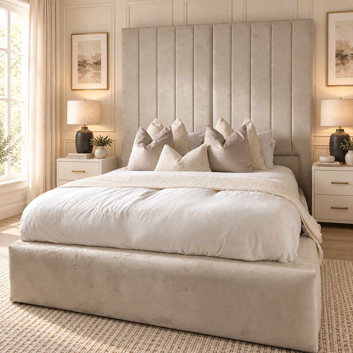Willow Bed Frame in a warm neutral bedroom, front low detail