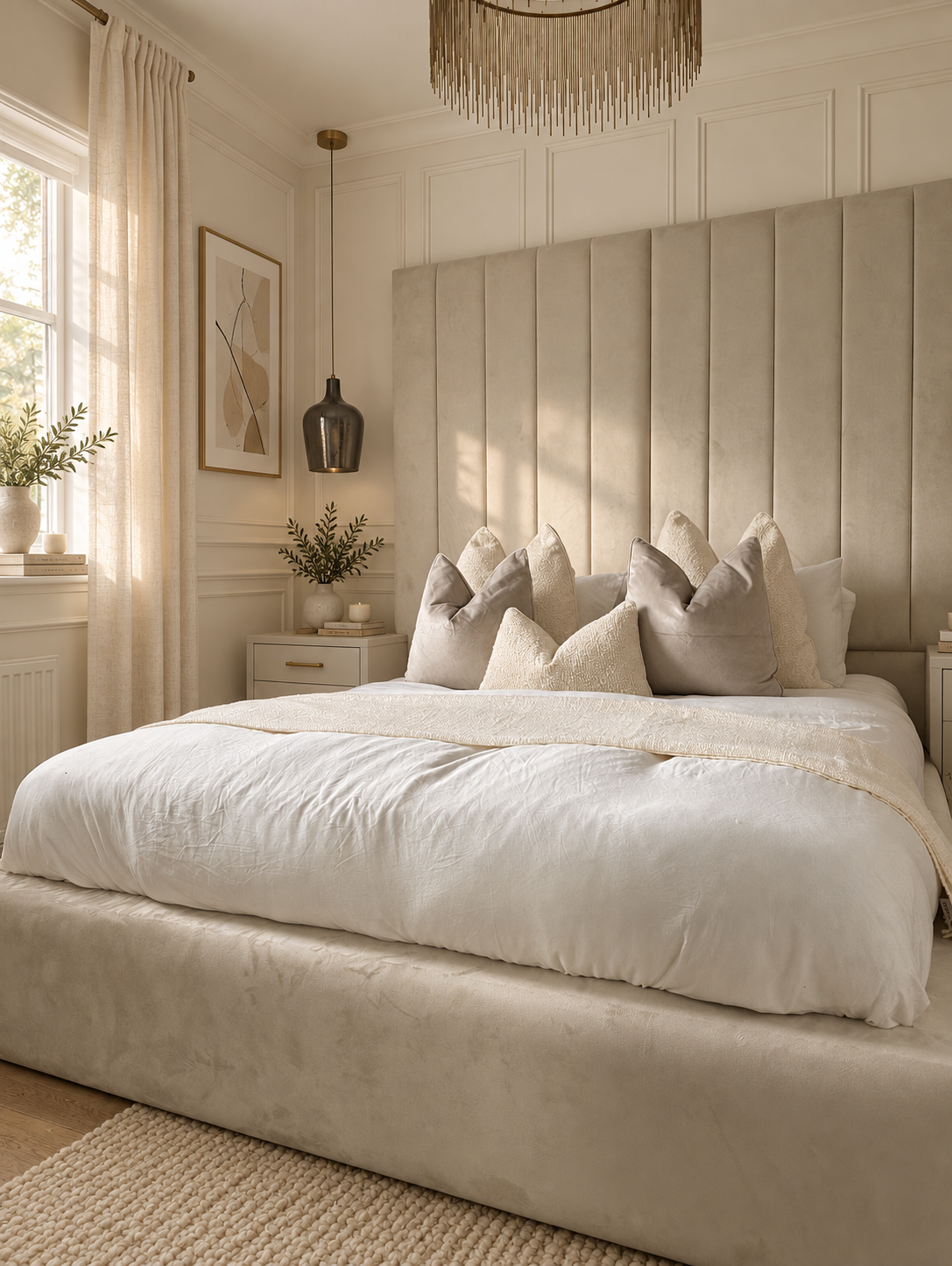 Willow Bed Frame, front side detail in a warm neutral bedroom