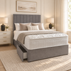 Zara Divan Bed Frame in a warm neutral bedroom, showing the original upholstery and bed design