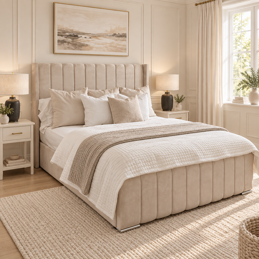 Zara Wing Divan Bed With Footboard in a warm neutral bedroom showing the headboard, footboard and side rails