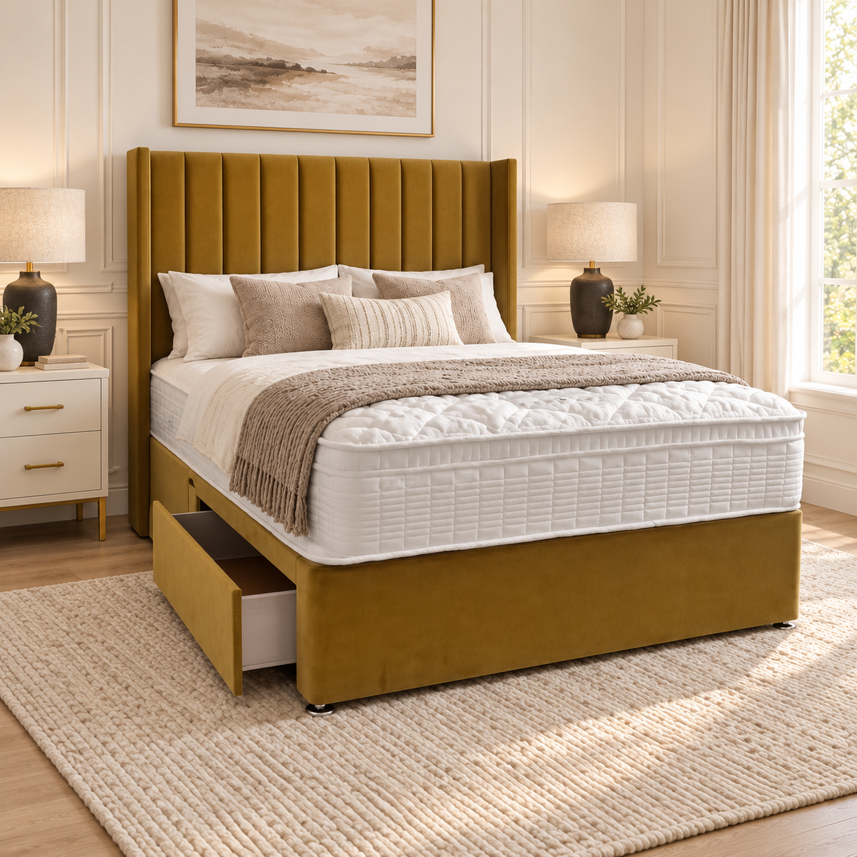 Zara Wing Divan Bed Frame in a warm neutral bedroom, showing the original upholstery and bed design