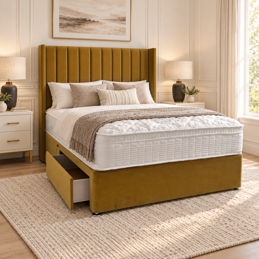 Zara Wing Divan Bed Frame in a warm neutral bedroom, showing the original upholstery and bed design