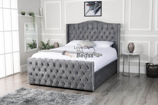 Harrison Buttoned Bed With Ottoman Gas Lift, Storage Box &amp; Mattress Options