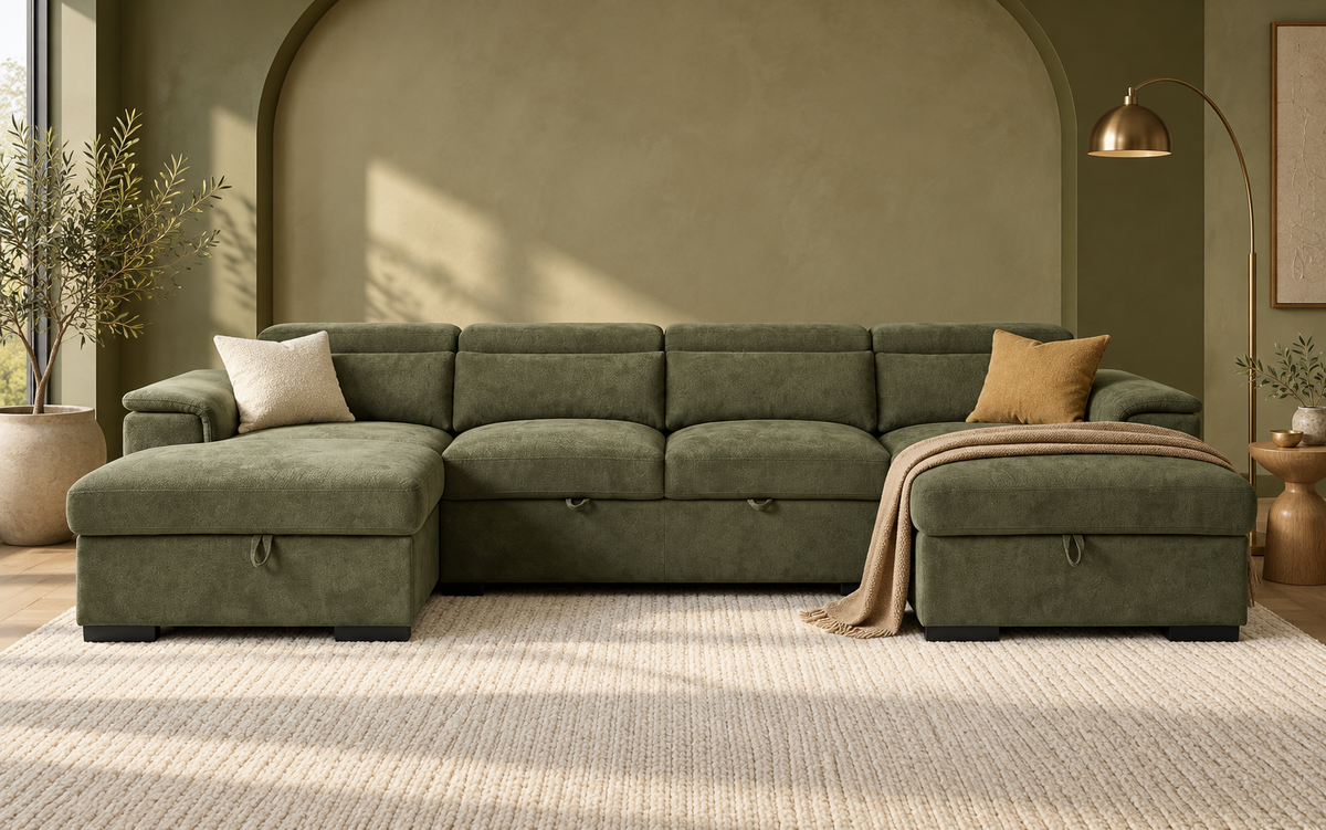 Olive green Alaya U-shaped storage sofa bed in a coordinated olive living room