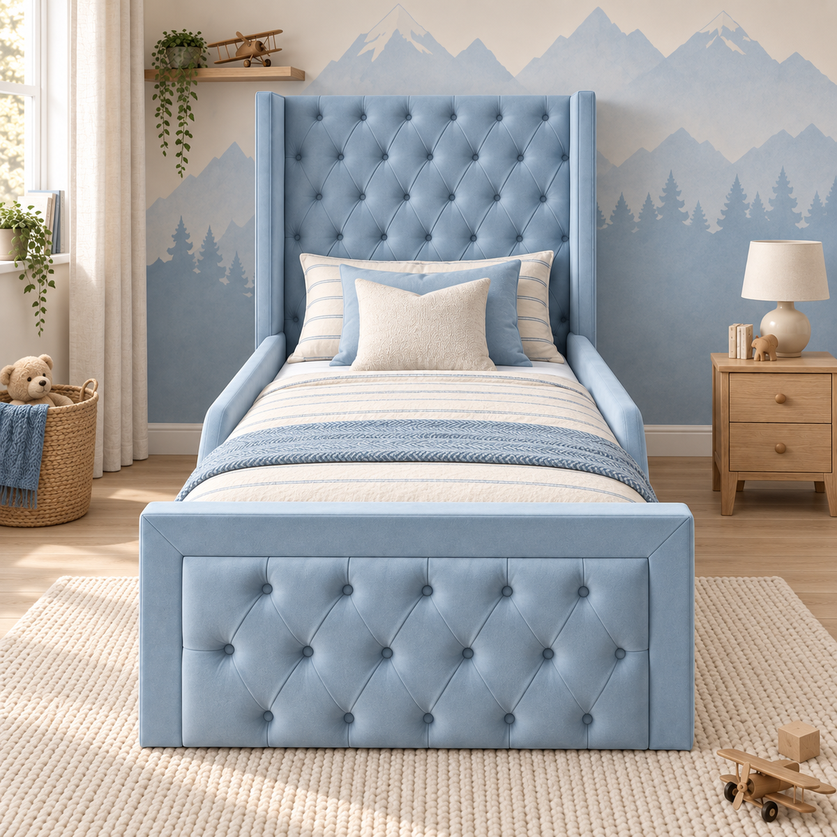 Alexander Kids Bed Frame in soft sky blue, front angle view, shown with optional safety side rails