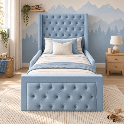 Alexander Kids Bed Frame in soft sky blue, front angle view, shown with optional safety side rails