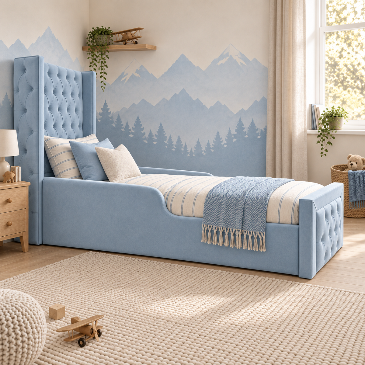 Alexander Kids Bed Frame in soft sky blue, left angle view, shown with optional safety side rails