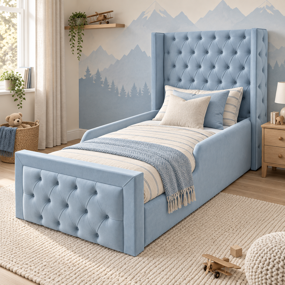 Alexander Kids Bed Frame in soft sky blue, styled bedroom main view, shown with optional safety side rails