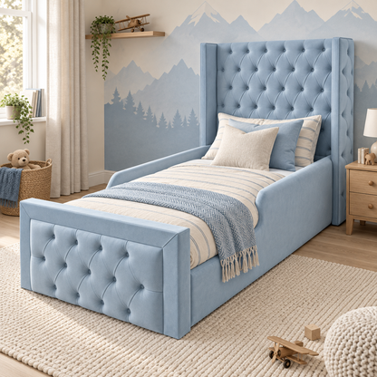 Alexander Kids Bed Frame in soft sky blue, styled bedroom main view, shown with optional safety side rails