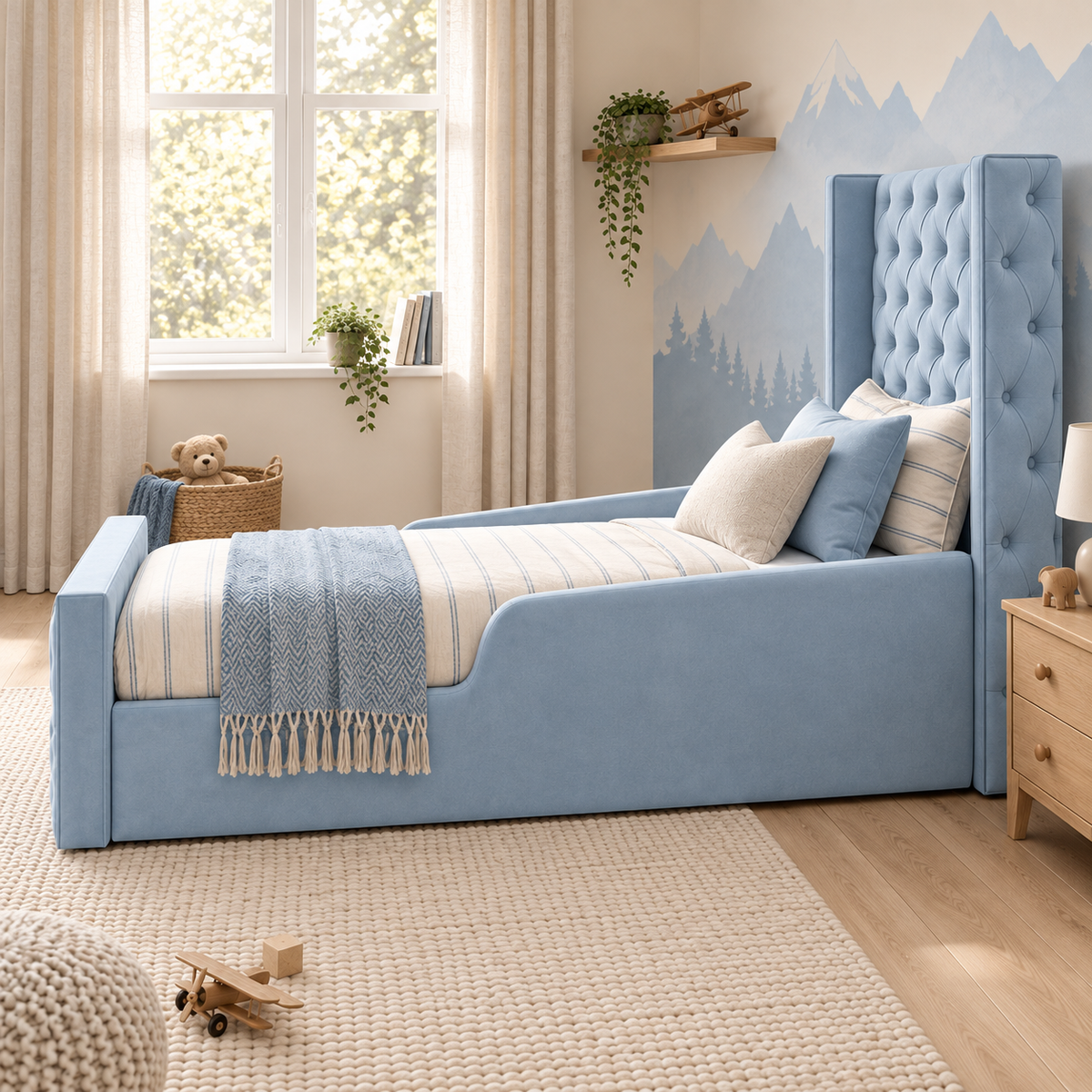 Alexander Kids Bed Frame in soft sky blue, right angle view, shown with optional safety side rails