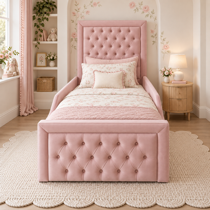 Bella Grace Kids Bed Frame in fresh blush pink, front angle view, shown with optional safety side rails