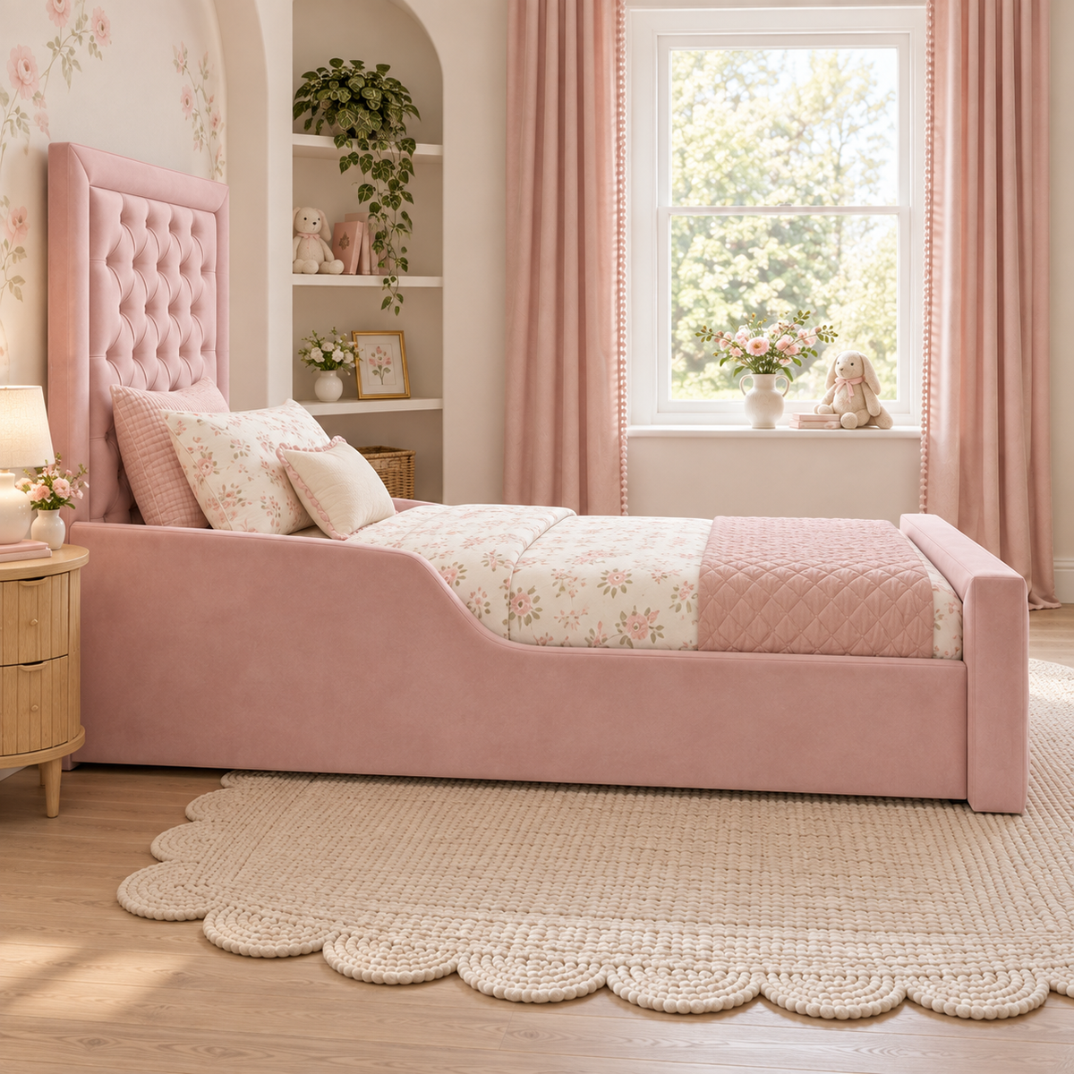 Bella Grace Kids Bed Frame in fresh blush pink, left angle view, shown with optional safety side rails