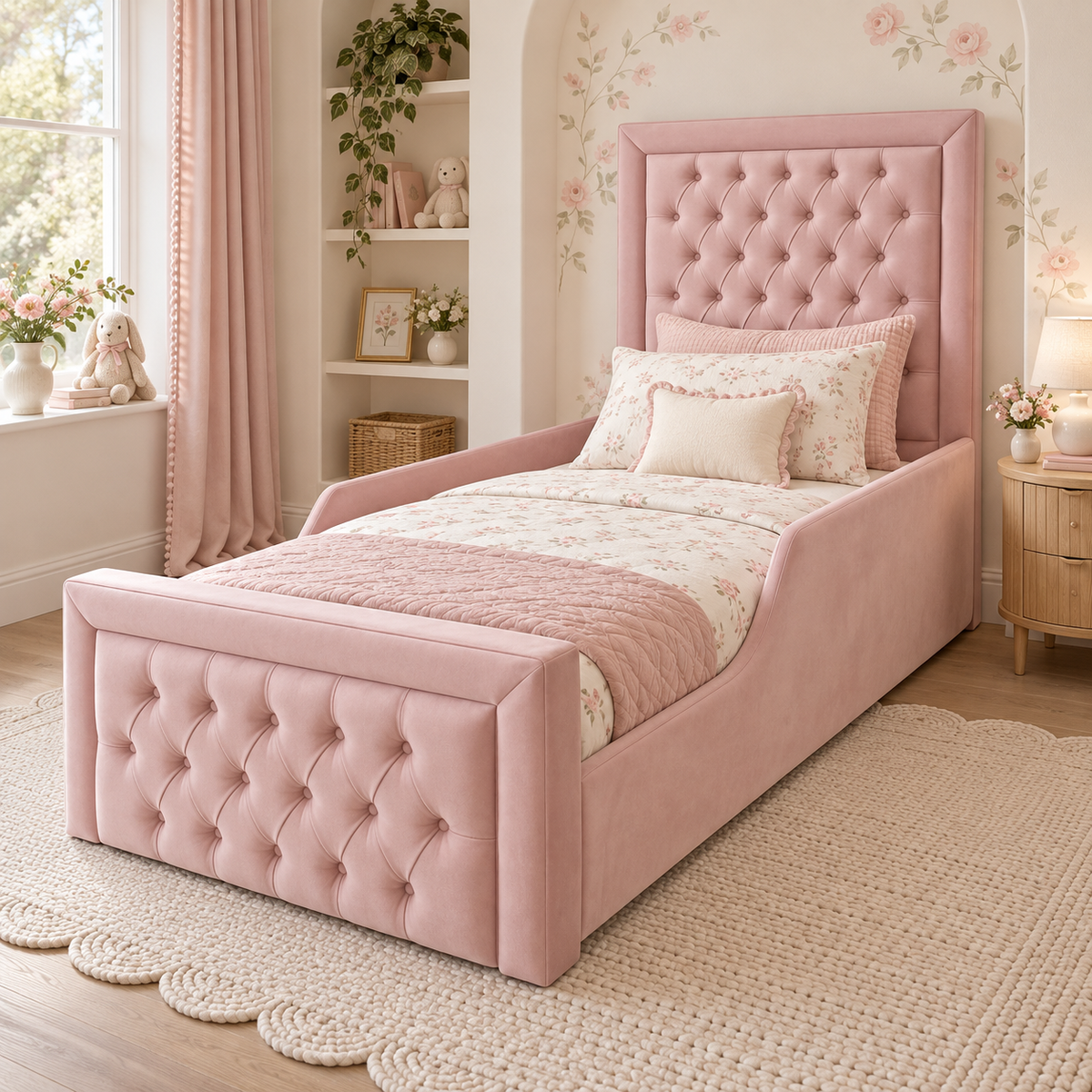 Bella Grace Kids Bed Frame in fresh blush pink, styled bedroom main view, shown with optional safety side rails