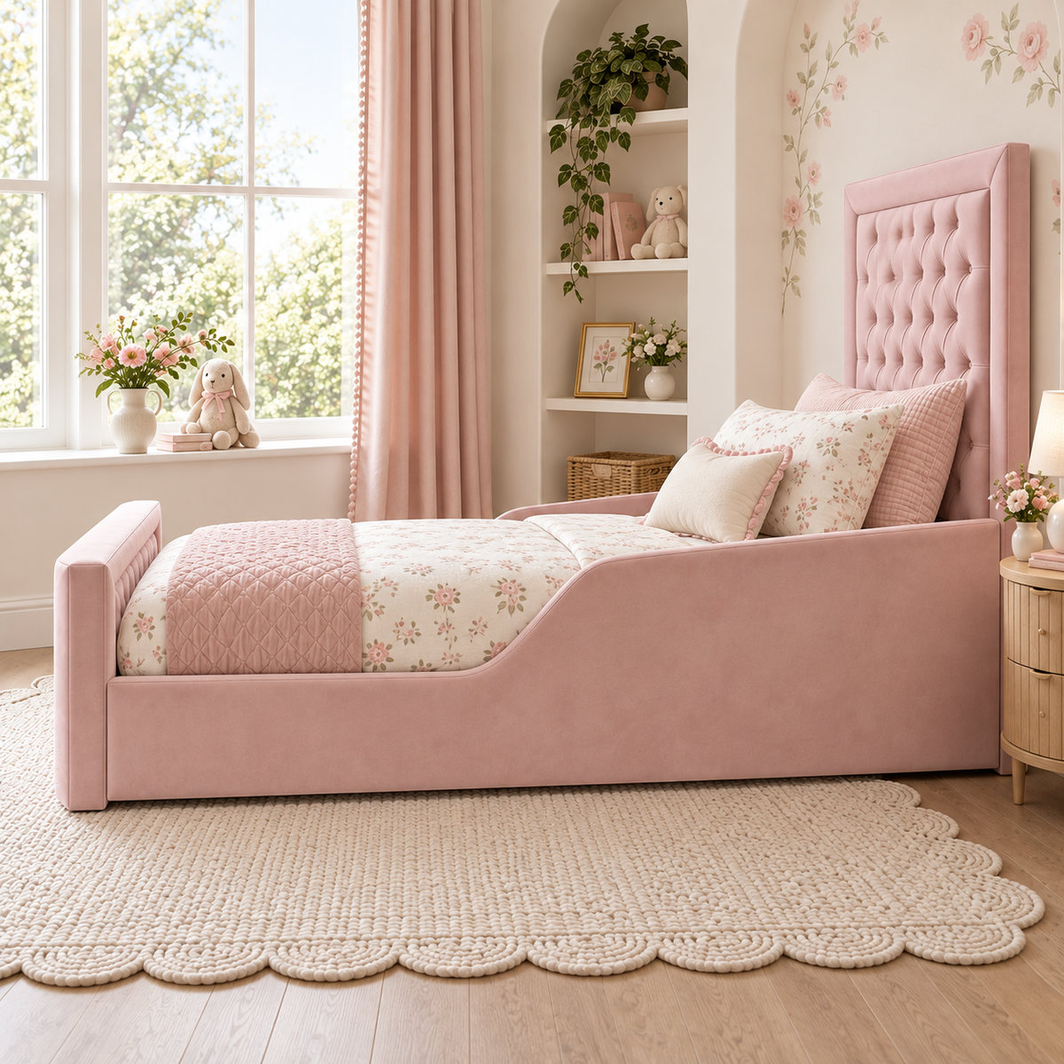 Bella Grace Kids Bed Frame in fresh blush pink, right angle view, shown with optional safety side rails