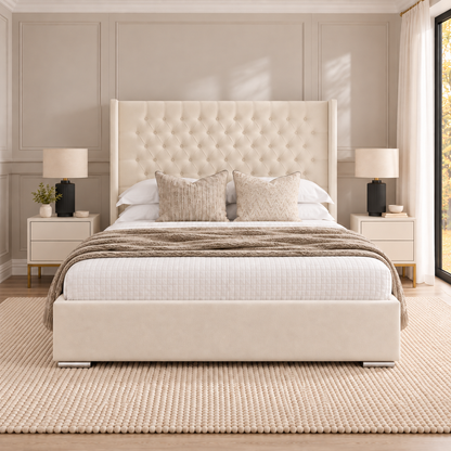 Chesterfield Winged Headboard Bed Frame with slim floorstanding wings outside the side rails – front view