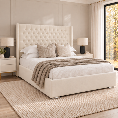 Chesterfield Winged Headboard Bed Frame with slim floorstanding wings outside the side rails – left three-quarter view