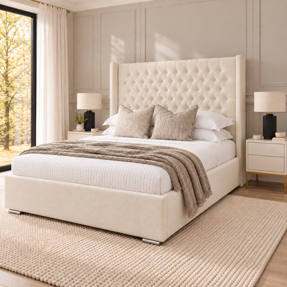 Chesterfield Winged Headboard Bed Frame with slim floorstanding wings outside the side rails – right three-quarter view